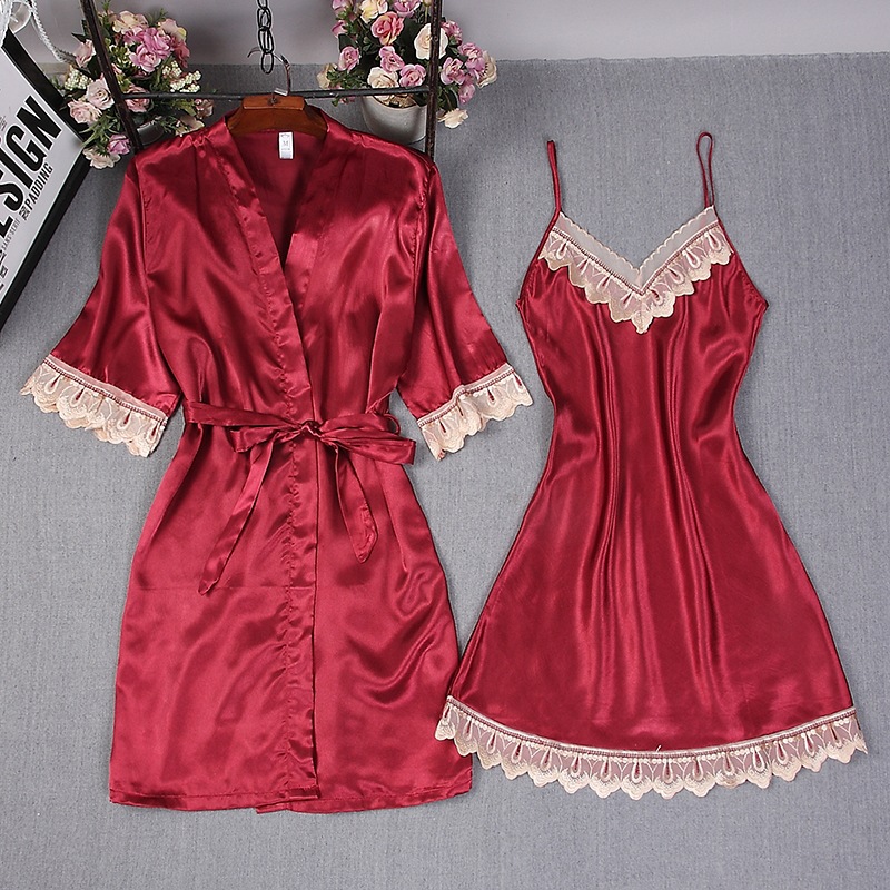 Women'S Fashion Pajamas - Moda feminina borgonha falso seda robe