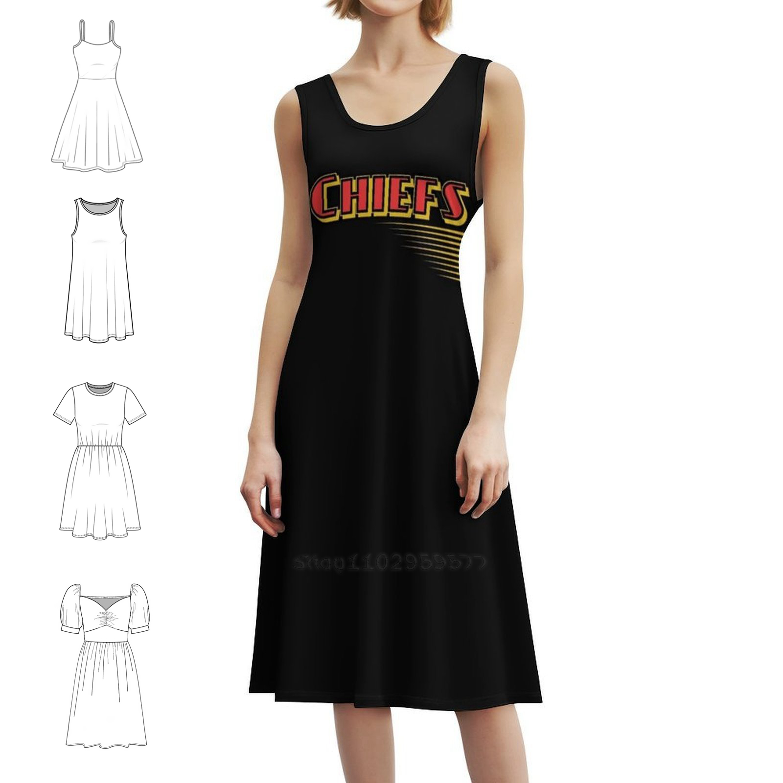 Smocked Dress Women - Kc chefes retro gráfico vermelho amarelo